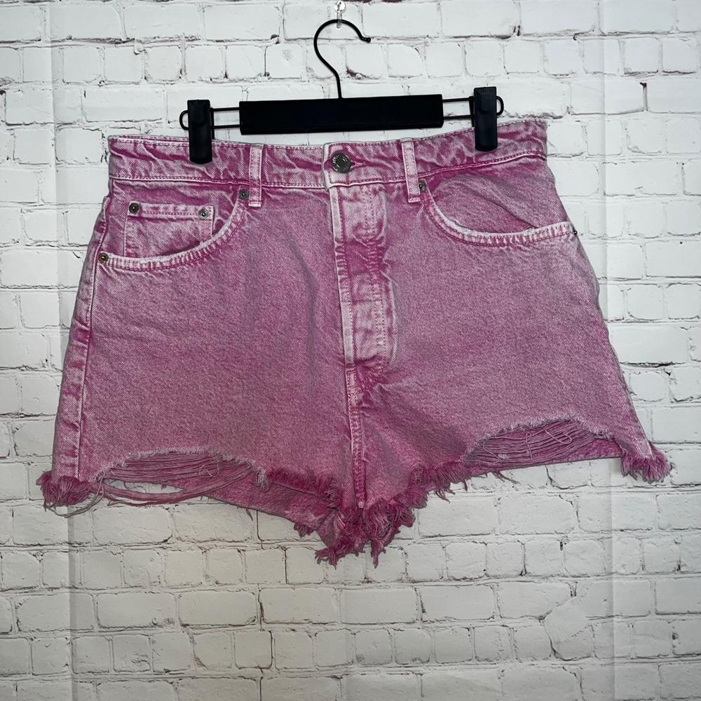 Zara Womens Pink Acid‎ Wash High Rise Distressed Denim Shorts Size 10 Button Fly